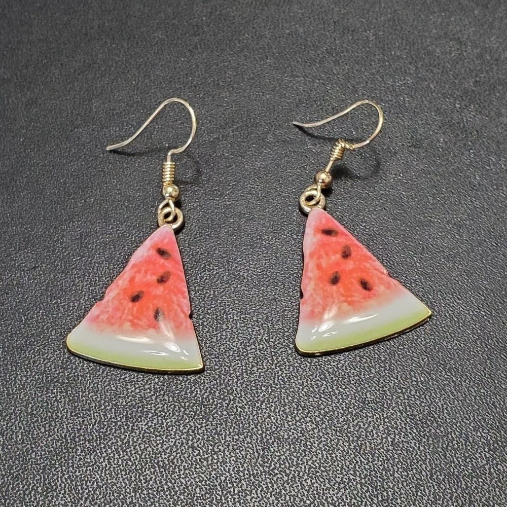 Gold tone enamel watermelon earrings